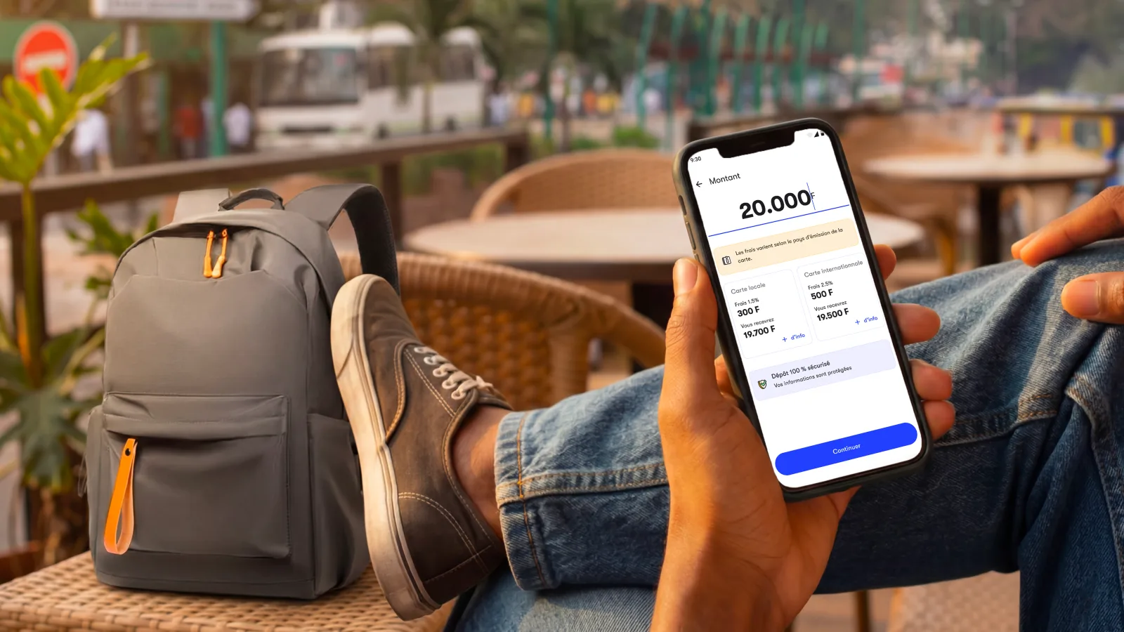 Le dépôt par carte dans l'app Djamo, avec les frais affichés avant la transaction